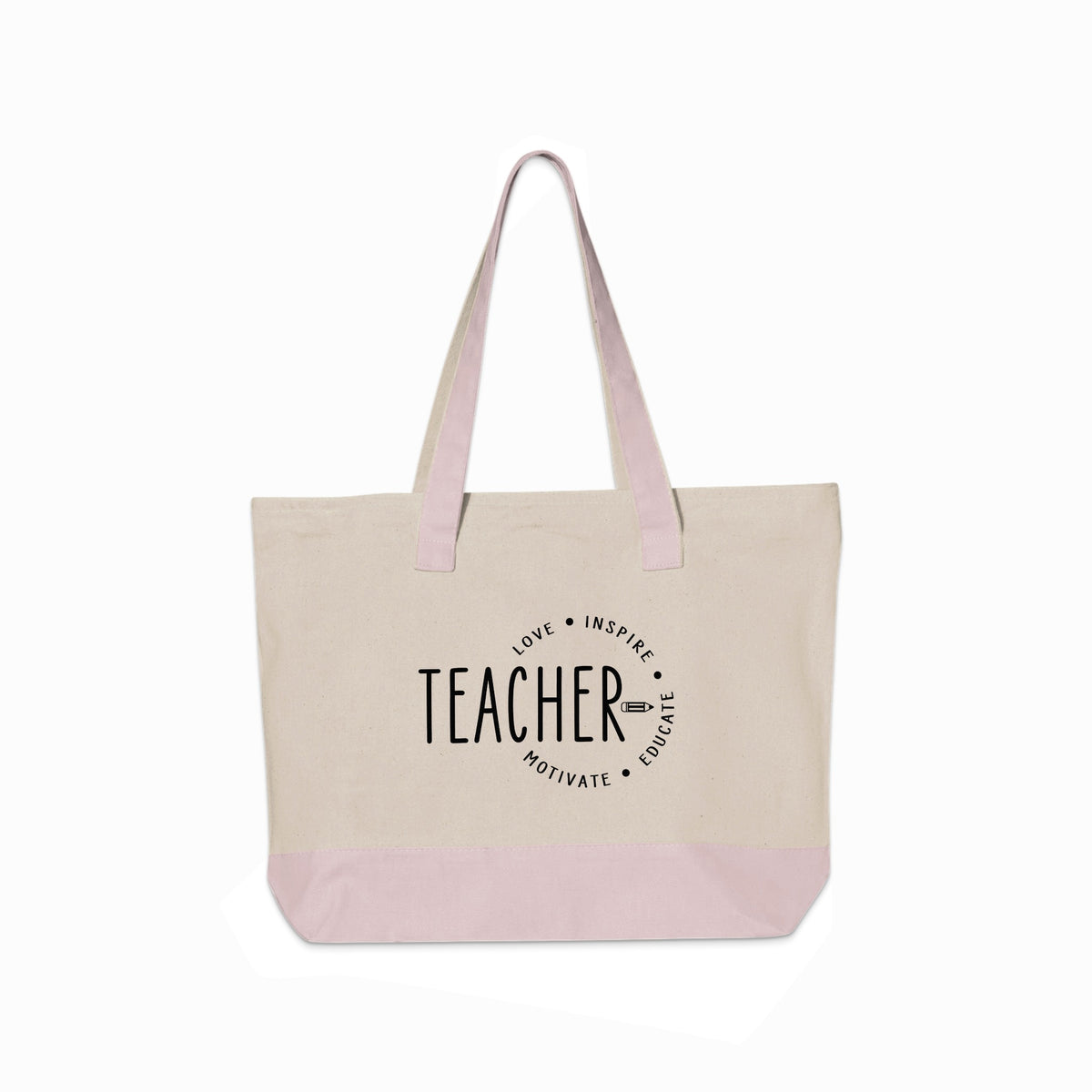 Canvas tote bag with "Teacher" and "Love, Inspire, Motivate, Educate" text.
