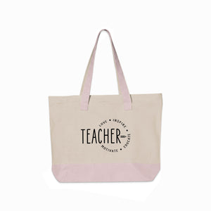 Canvas tote bag with "Teacher" and "Love, Inspire, Motivate, Educate" text.