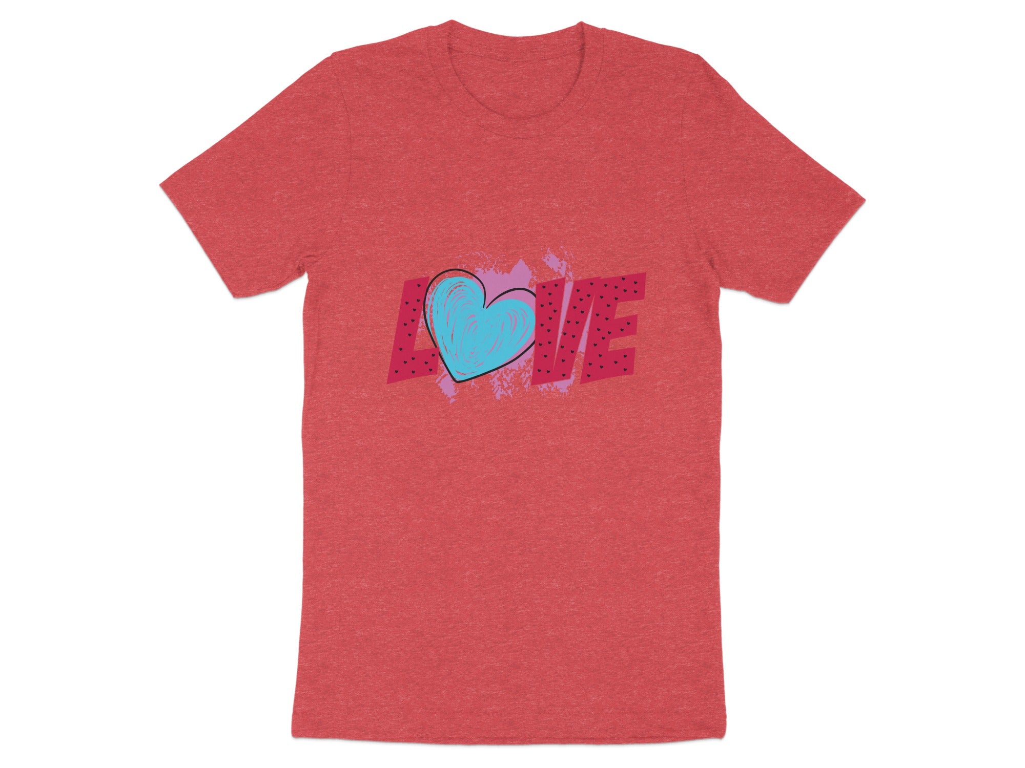Coral t-shirt with teal heart and "LOVE" text graphic.