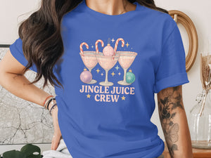 Blue t-shirt with "Jingle Juice Crew" text and festive cocktail glasses.