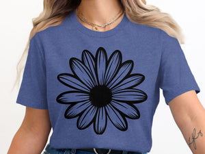 Blue t-shirt with a black outline daisy graphic on the front.