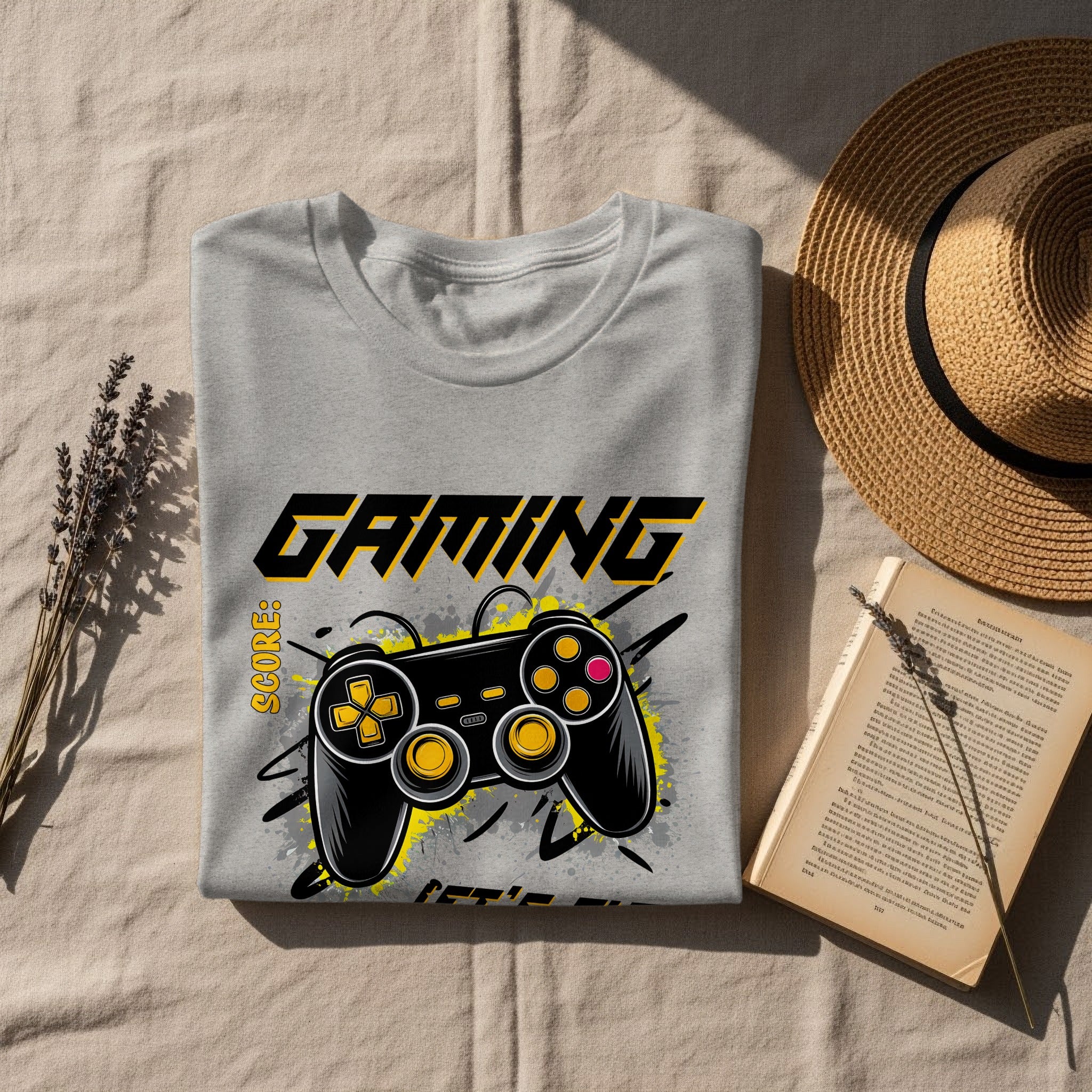 Gray t-shirt with "GAMING" text and a video game controller graphic.