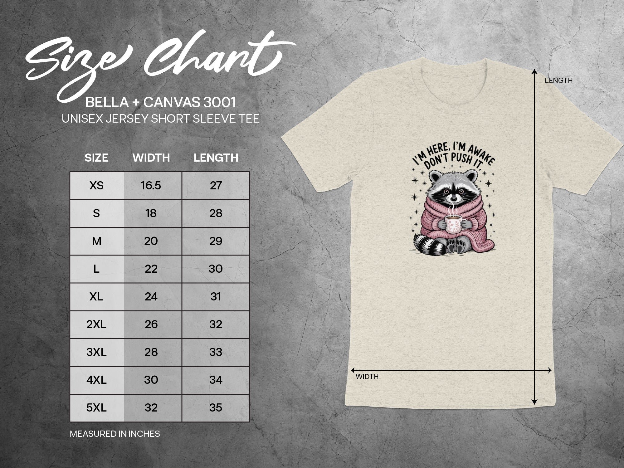 Size chart for Bella + Canvas 3001 unisex tee with raccoon graphic.