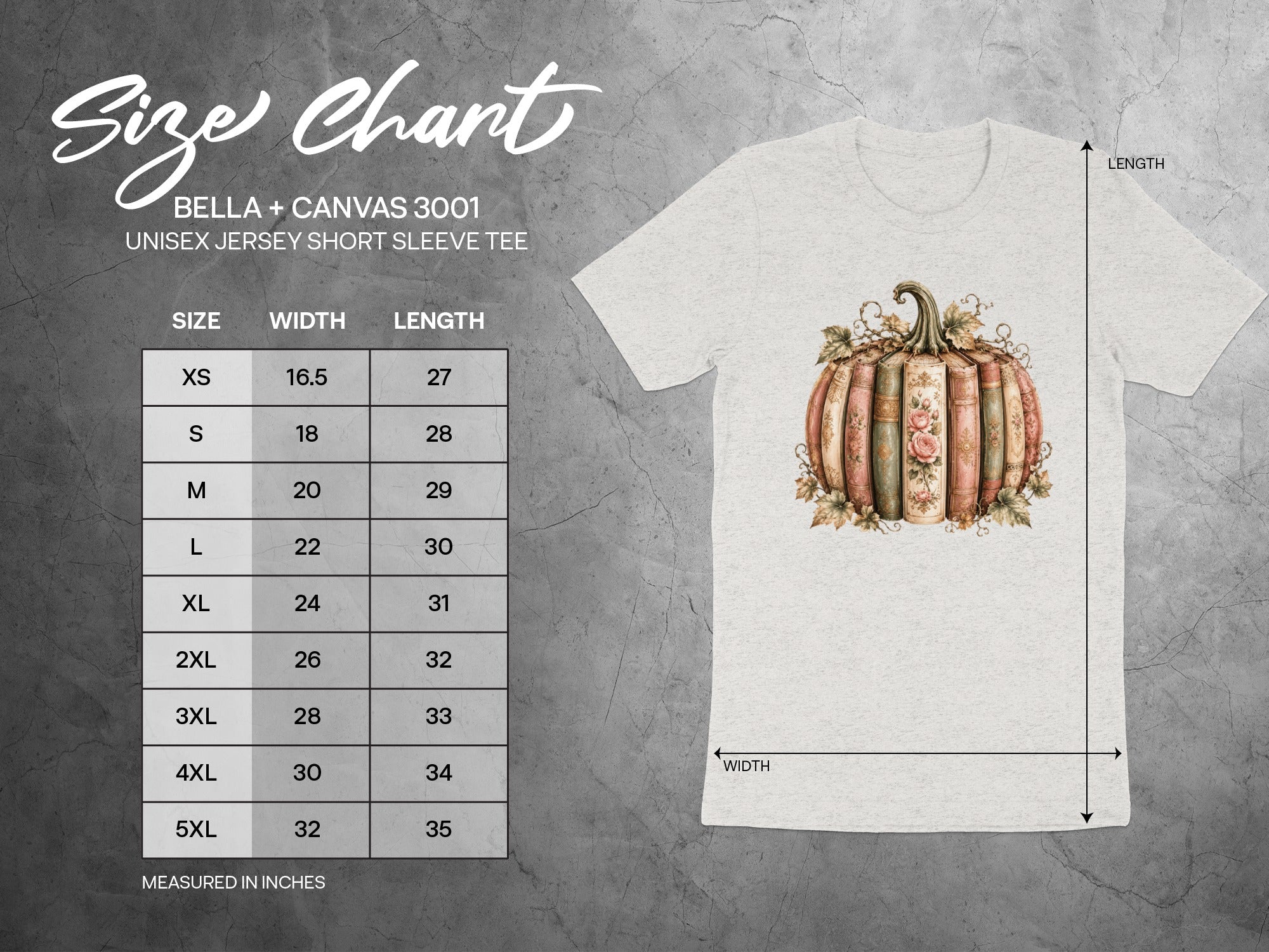 Bella + Canvas 3001 Unisex short sleeve tee size chart with measurements in inches.