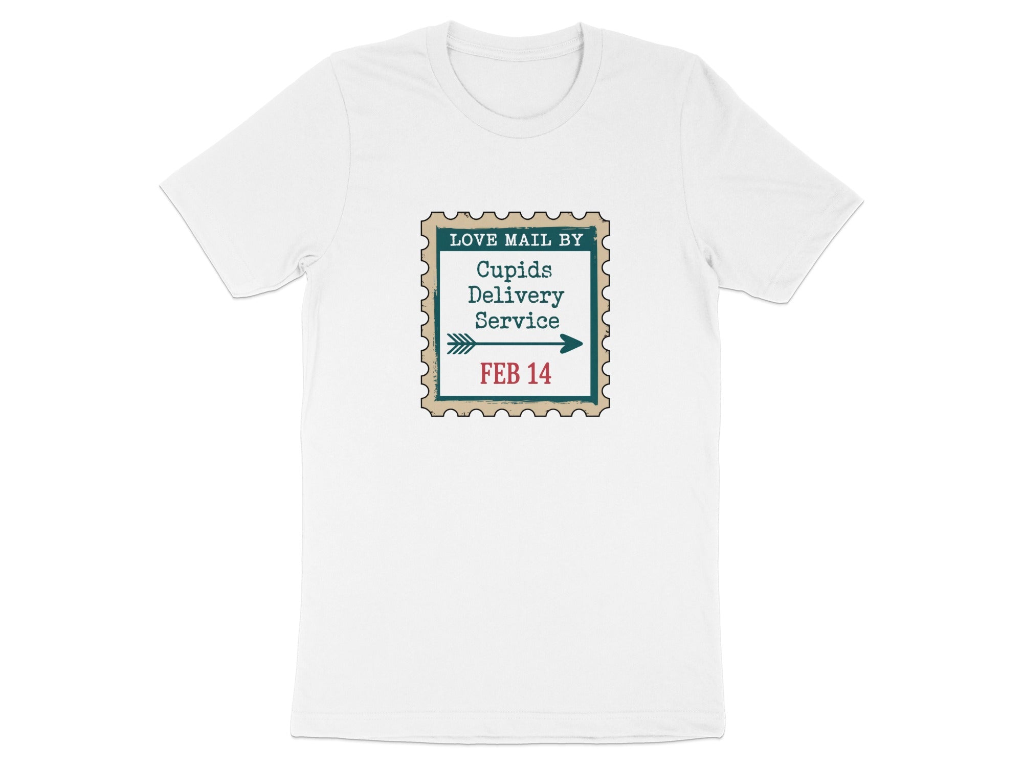 White t-shirt with "Love Mail by Cupids Delivery Service Feb 14" in a stamp design.