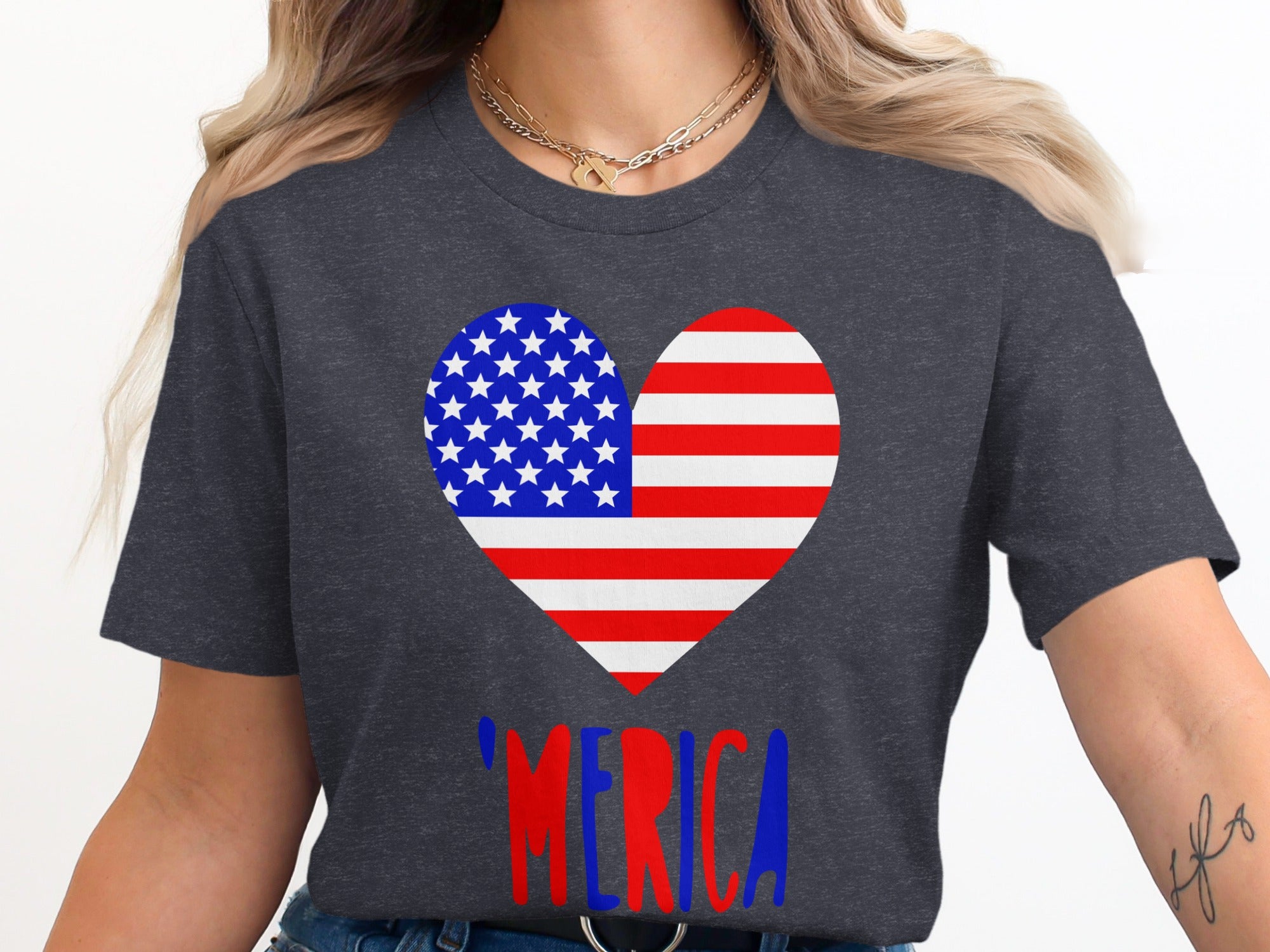 Dark grey t-shirt with heart-shaped American flag and "MERICA" text.