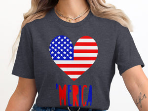 Dark grey t-shirt with heart-shaped American flag and "MERICA" text.