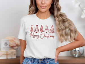 White t-shirt with red Christmas trees and "Merry Christmas" text graphic.