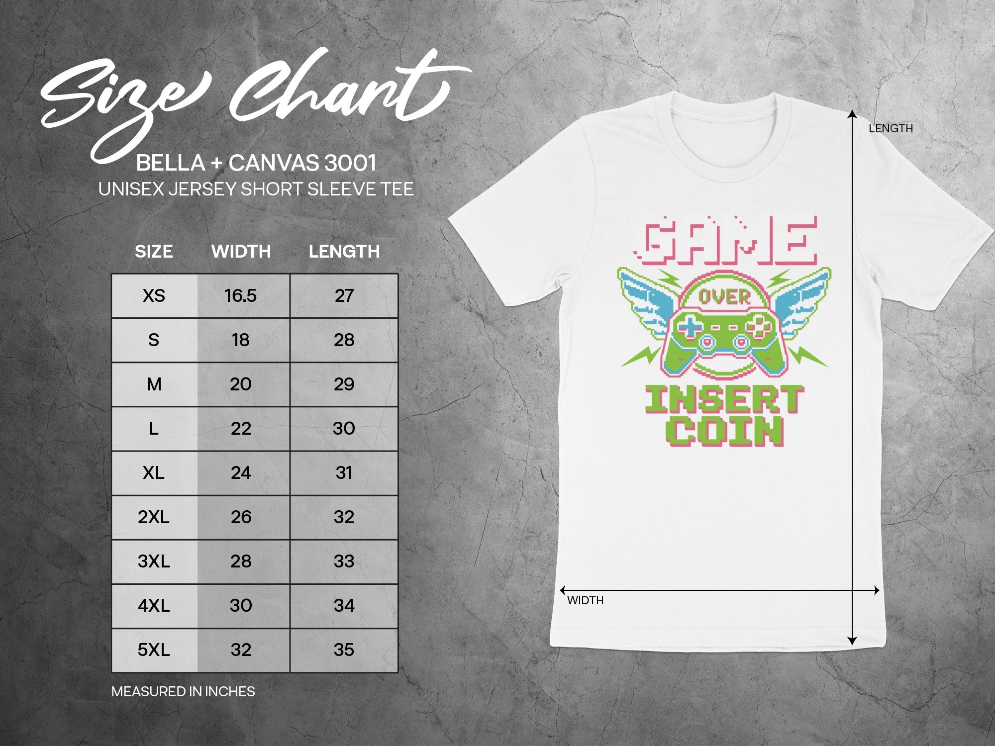 Bella + Canvas 3001 unisex tee size chart with width and length measurements in inches.