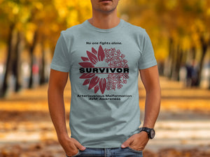 Survivor t-shirt with sunflower design, ribbon accents, and text for Arteriovenous Malformation awareness.