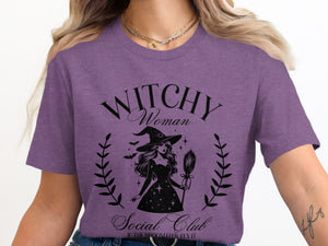 Witchy Woman Social Club graphic on purple t-shirt with witch illustration.