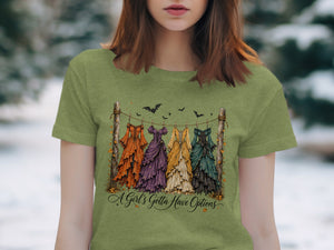 Four vintage dresses hang on a clothesline with bats and text.