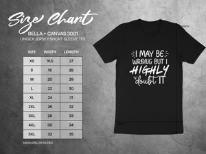 Size chart for Bella + Canvas 3001 unisex jersey short sleeve tee.