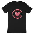 Black t-shirt with pink heart graphic and "LOVE IS ALL AROUND" text