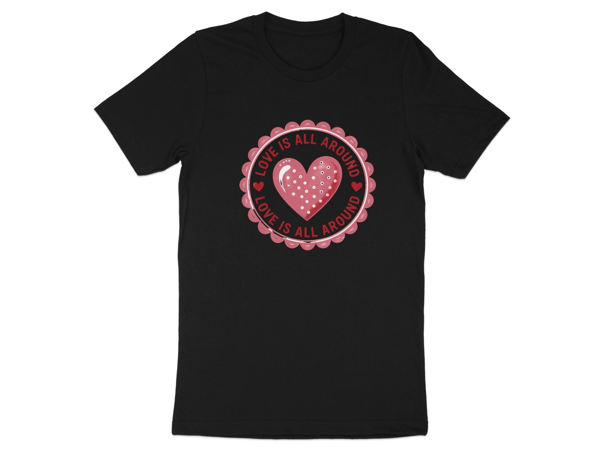 Black t-shirt with pink heart graphic and "LOVE IS ALL AROUND" text