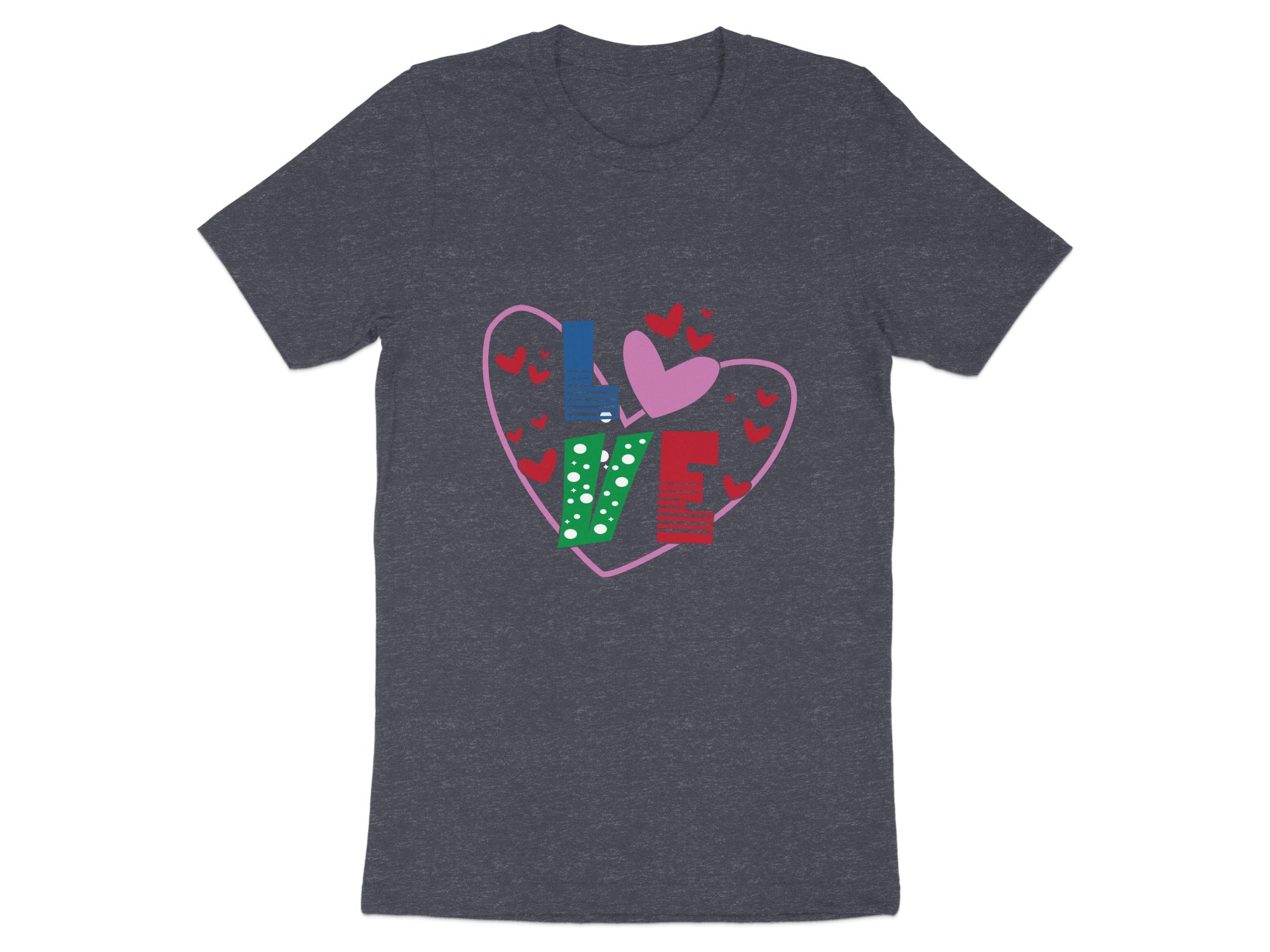 Dark grey t-shirt with a pink heart outline, "LOVE" in colorful blocks, and small red hearts.