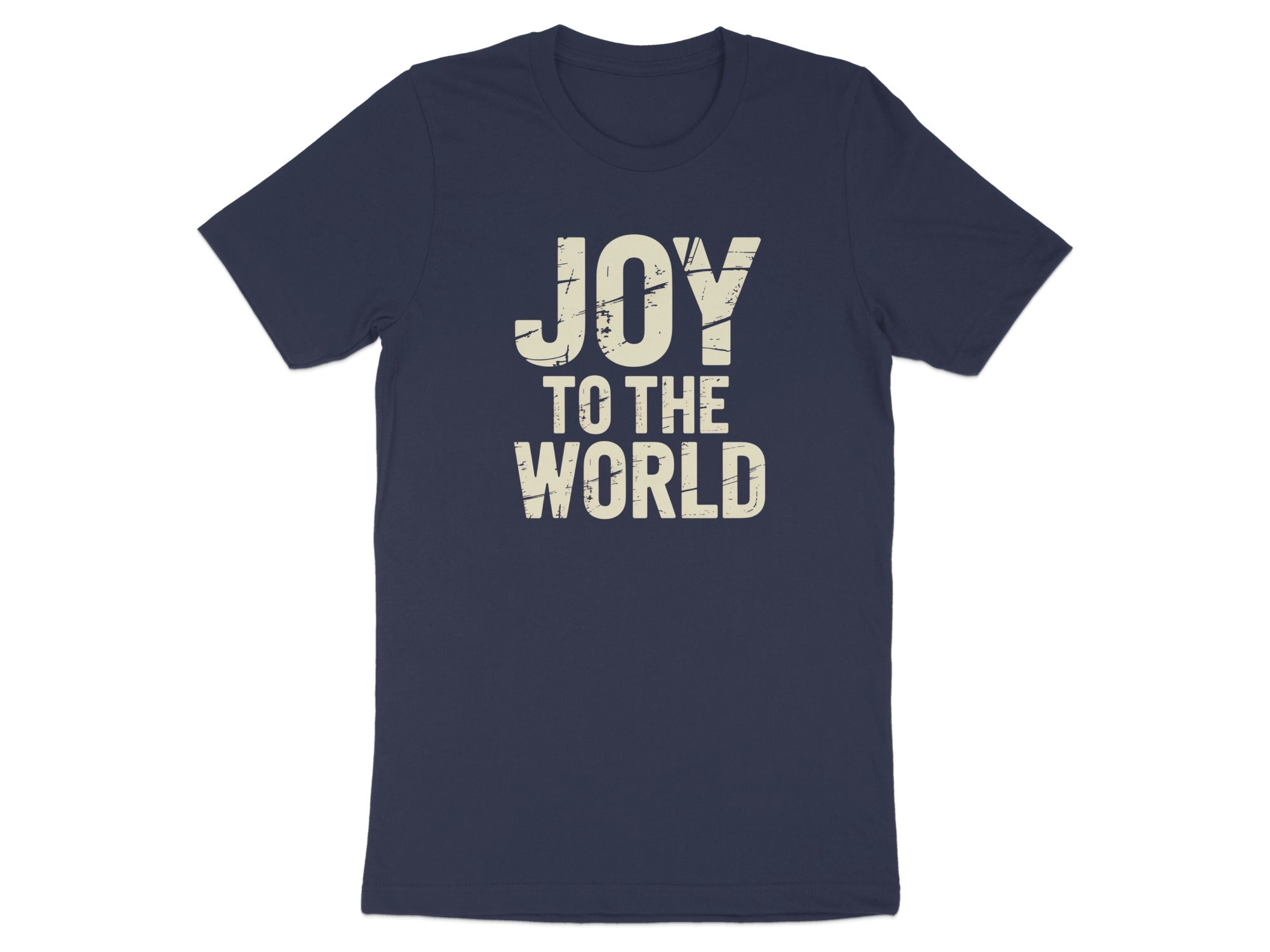 Navy t-shirt with distressed "JOY TO THE WORLD" text in cream.