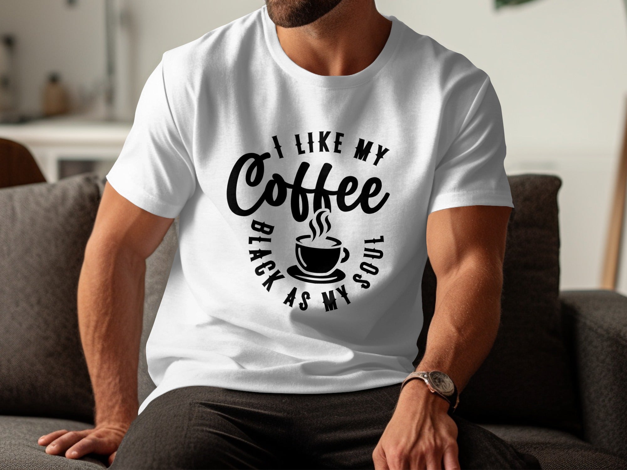 White t-shirt with "I Like My Coffee Black As My Soul" text and coffee cup graphic.