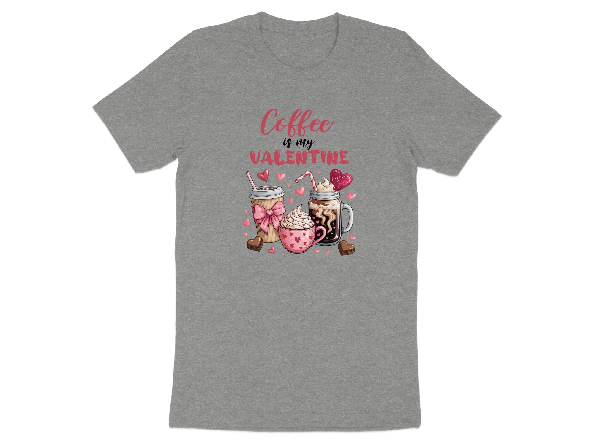 T-shirt with "Coffee is my Valentine" text and coffee drinks.