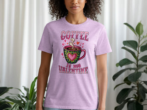 Lilac t-shirt with "Coffee is my Valentine" text and coffee cup graphic.