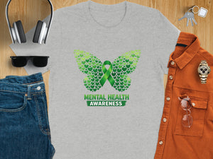 Grey t-shirt with a green heart-formed butterfly and "Mental Health Awareness" text.