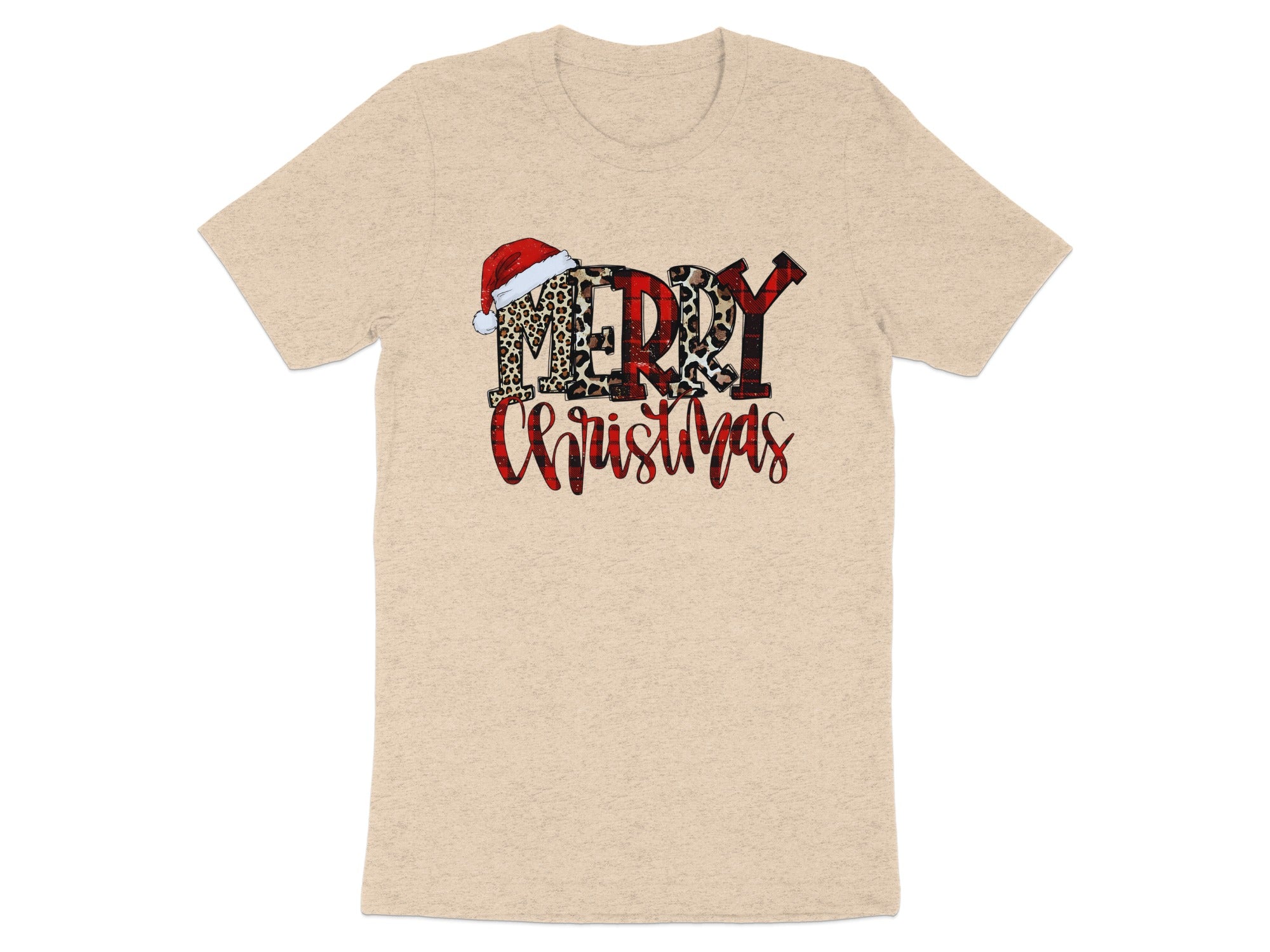 Beige t-shirt with "MERRY Christmas" text, Santa hat, and leopard and plaid patterns.