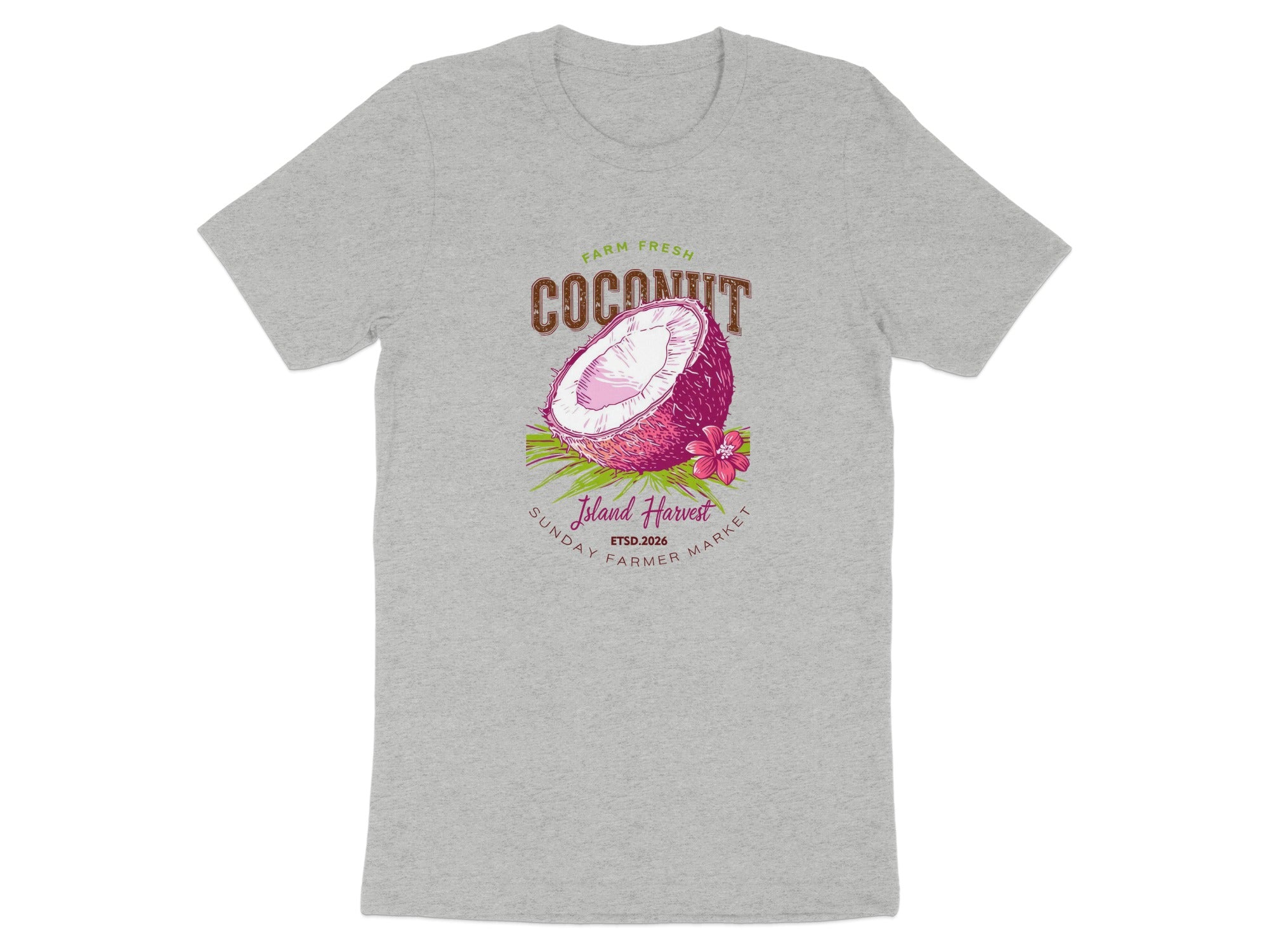Grey t-shirt with a coconut graphic and text "Island Harvest" and "Sunday Farmer Market".