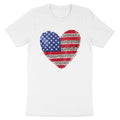 White t-shirt with American flag and leopard print heart design.