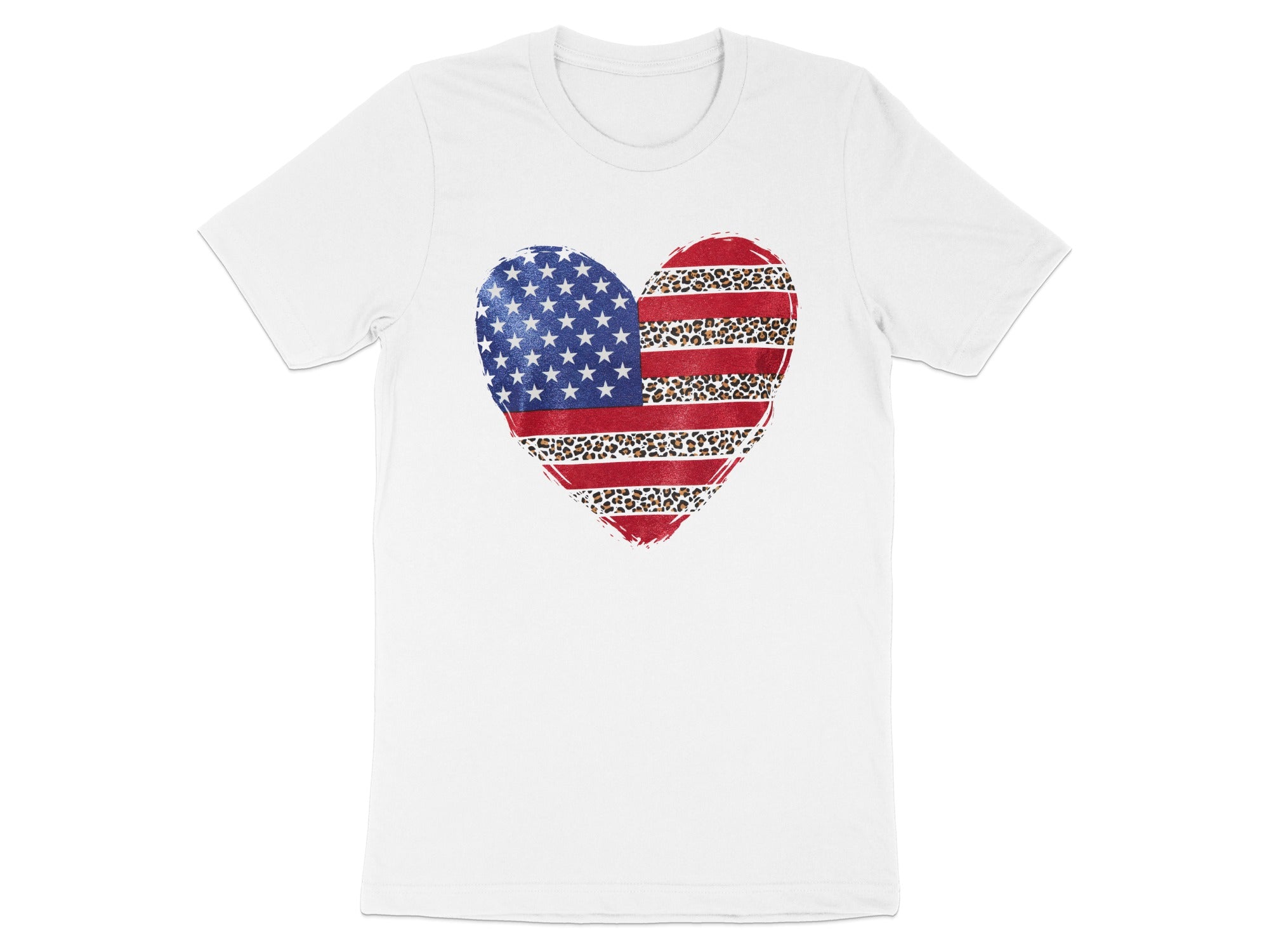 White t-shirt with American flag and leopard print heart design.