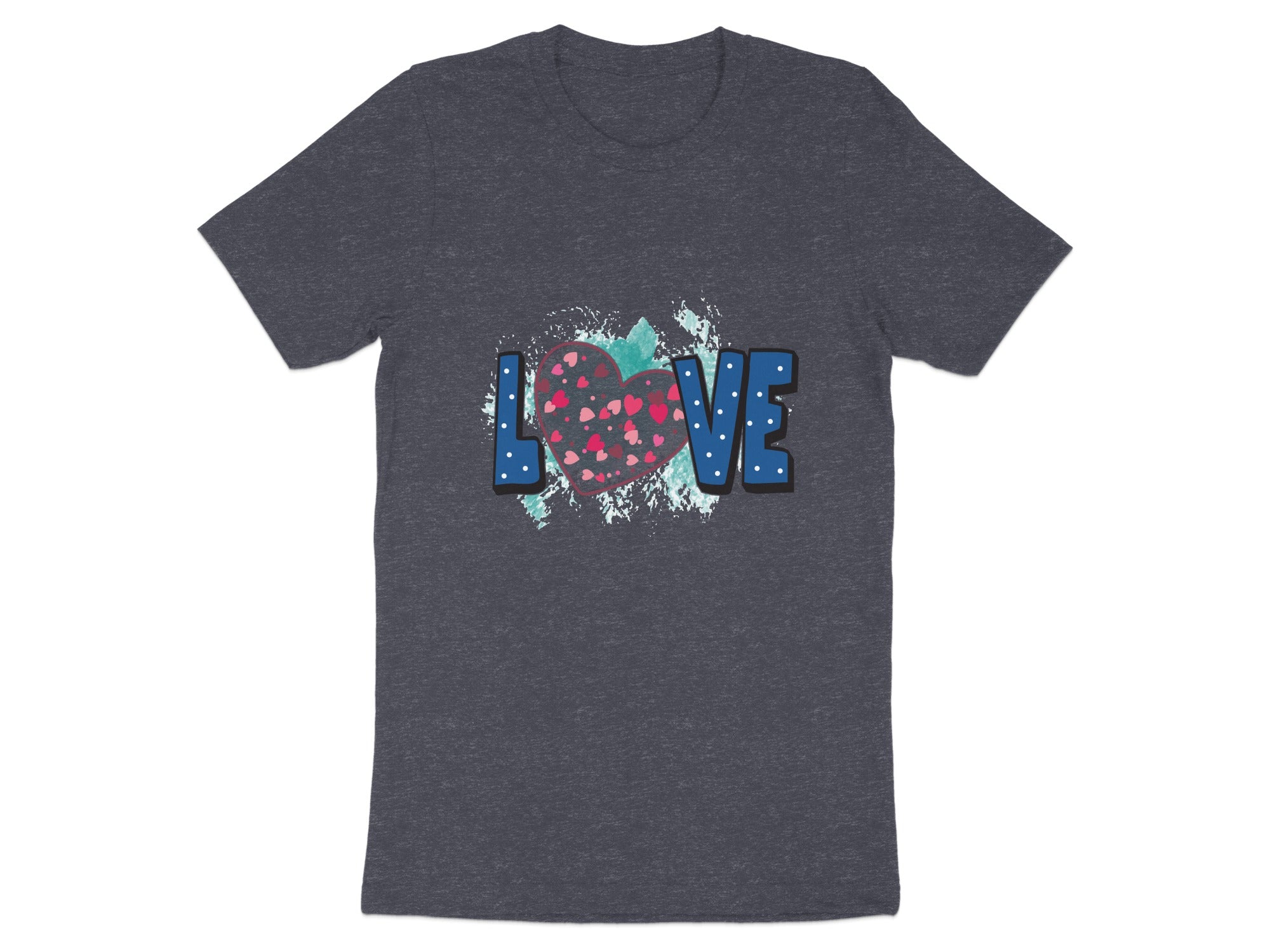 Dark gray t-shirt with "LOVE" text and a heart filled with smaller hearts.