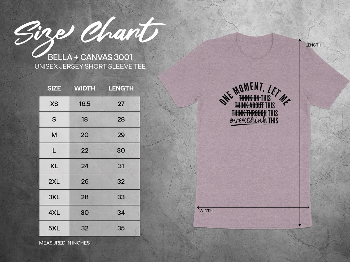 Size chart for Bella + Canvas 3001 unisex tee, with measurements for width and length.