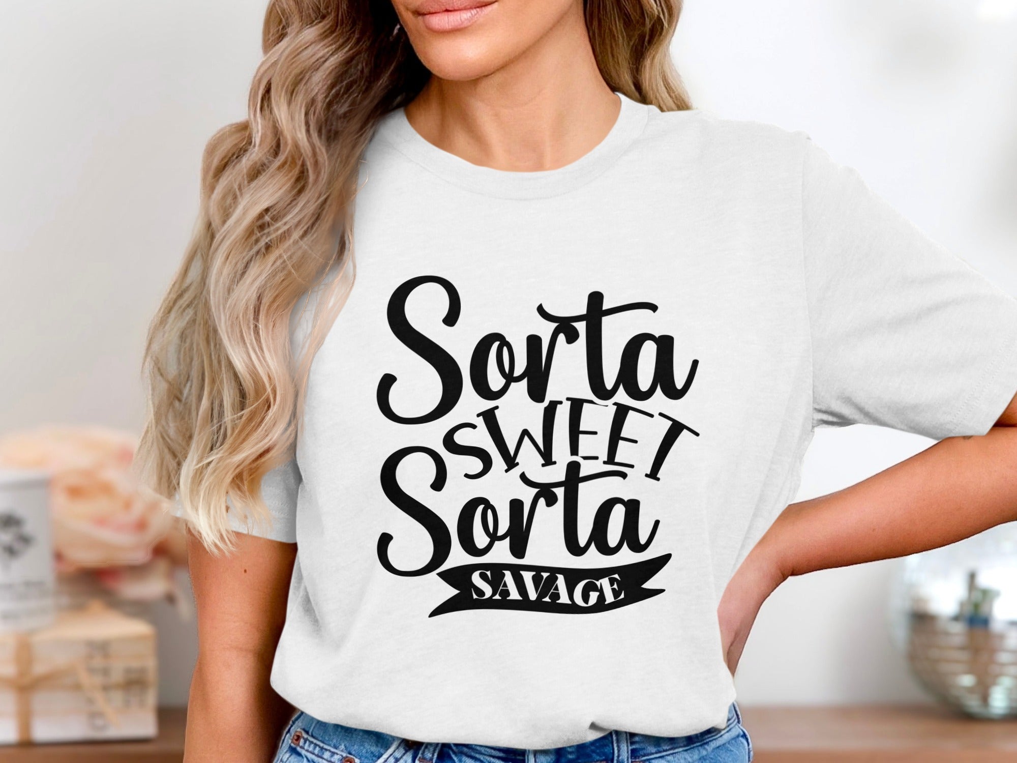 White t-shirt with black text "Sorta SWEET Sorta SAVAGE"