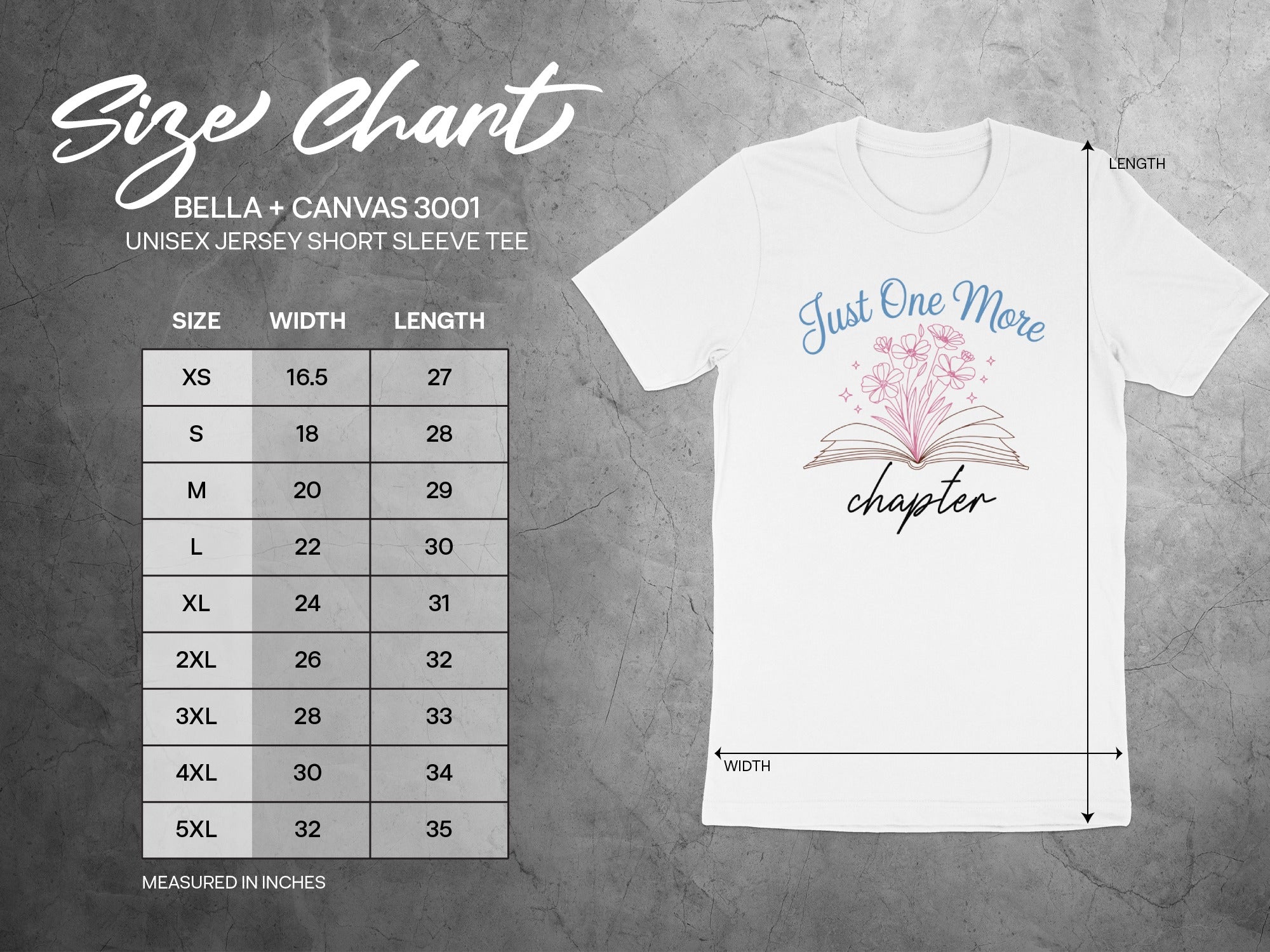 Size chart for BELLA + CANVAS 3001 unisex short sleeve tee, measured in inches.