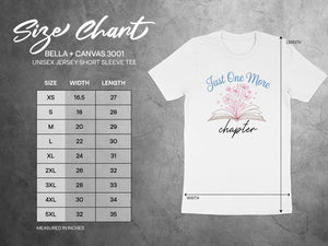 Size chart for BELLA + CANVAS 3001 unisex short sleeve tee, measured in inches.