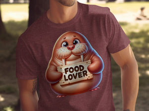 Cartoon walrus holding wooden sign that reads "FOOD LOVER".