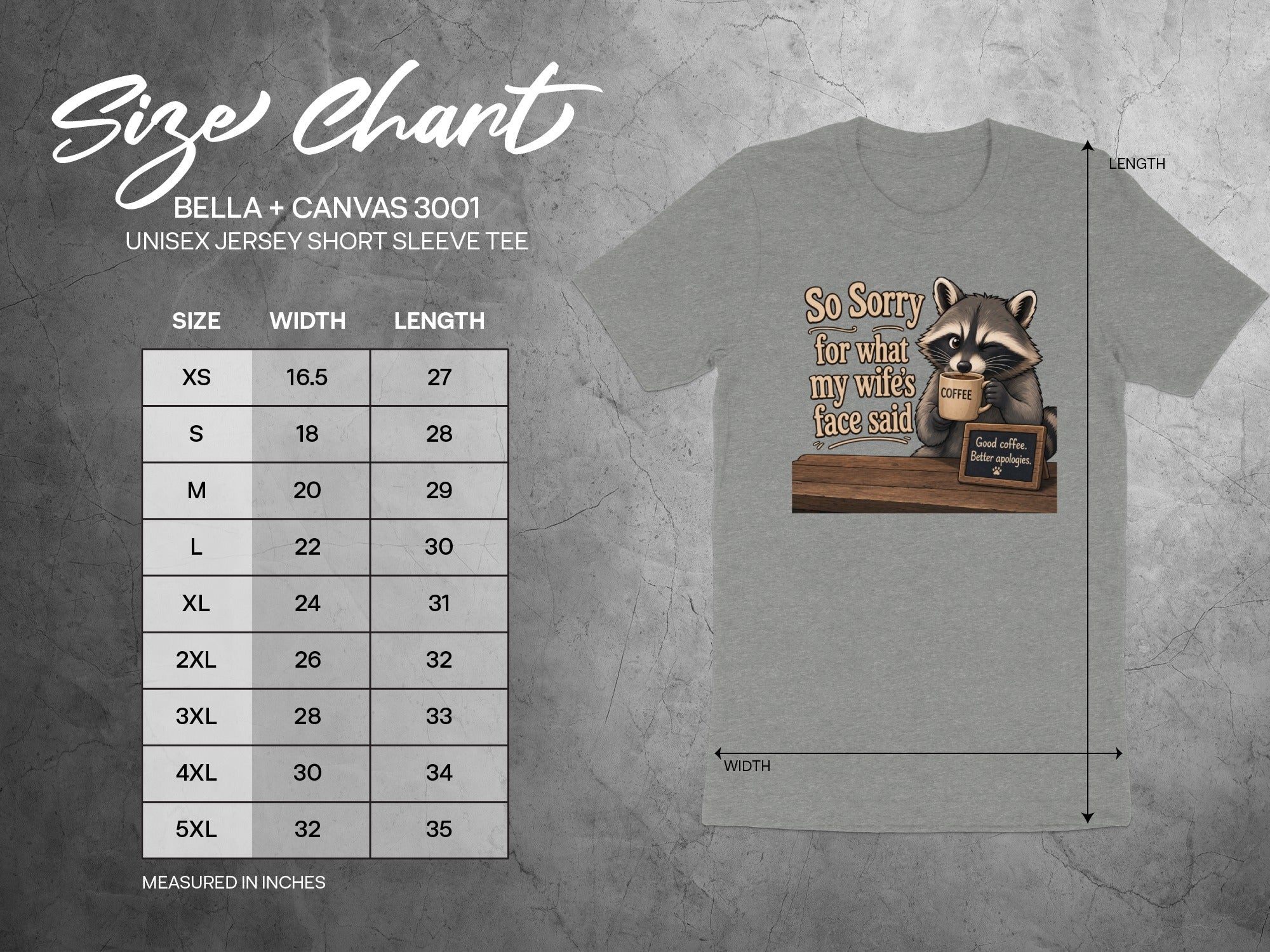 BELLA + CANVAS 3001 unisex tee size chart with raccoon graphic.