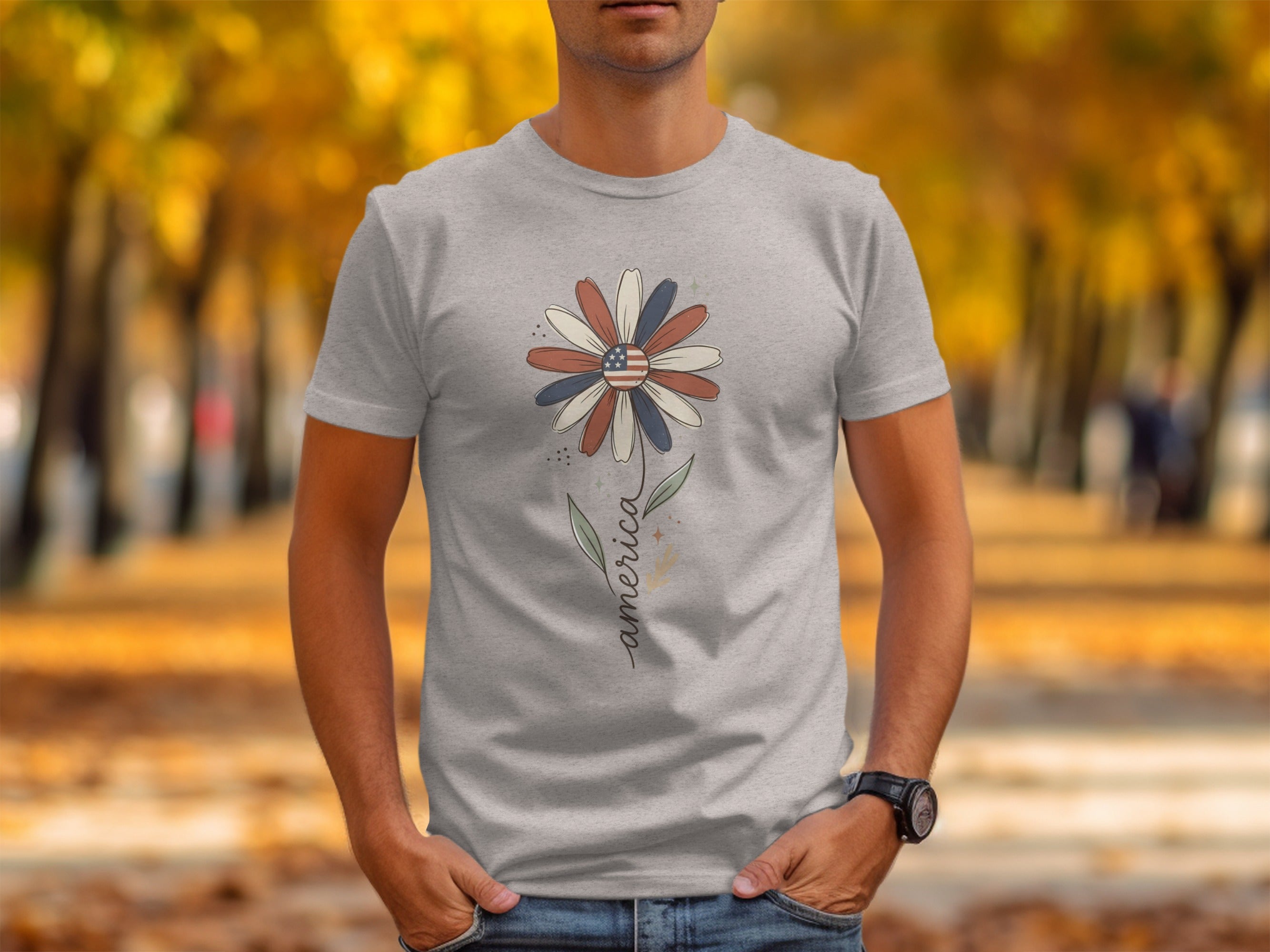 Grey t-shirt with a daisy design featuring the American flag and the word "america".