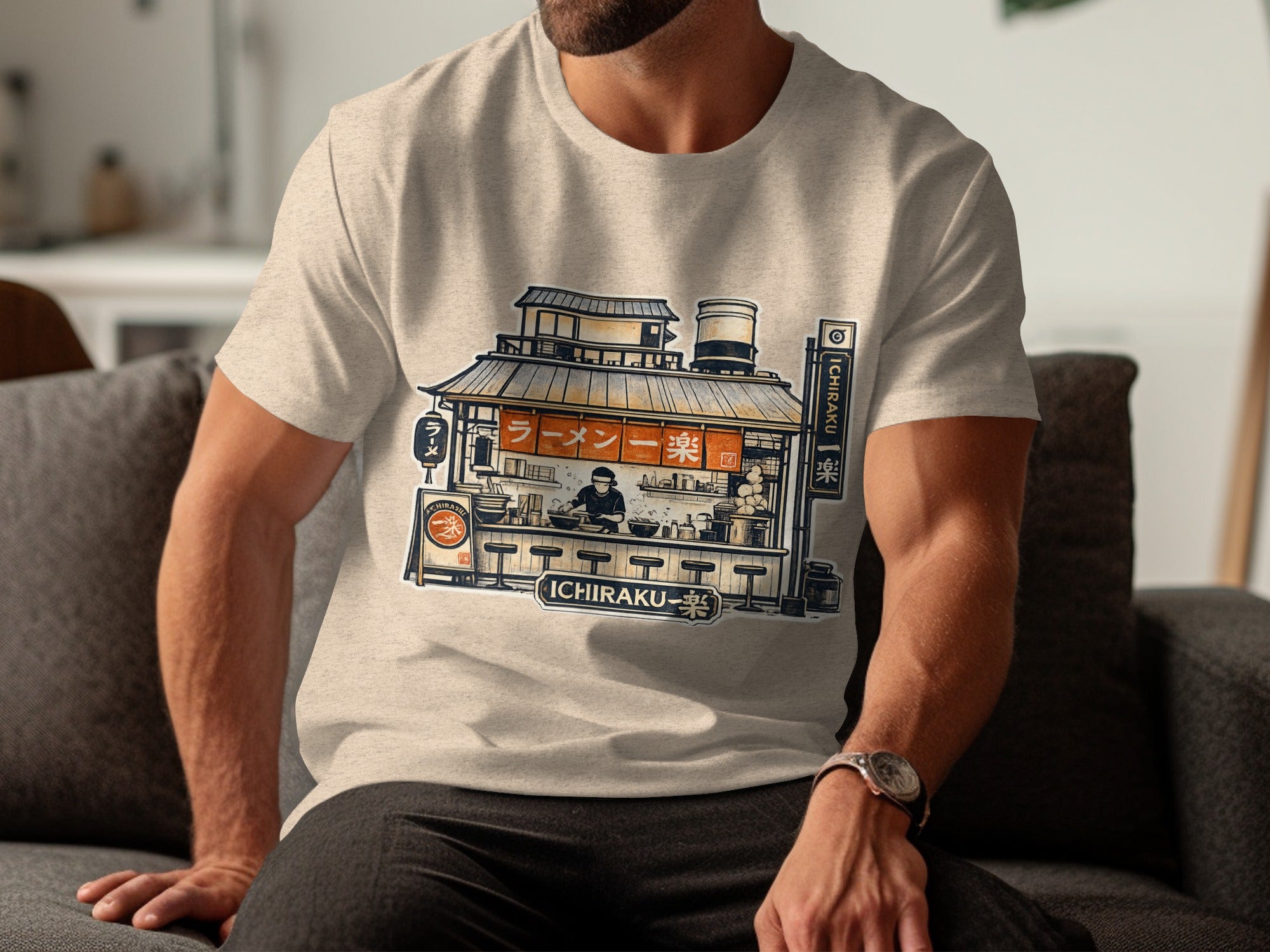 T-shirt graphic features a ramen shop with "Ichiraku" and Japanese text.