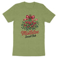 Green t-shirt with mistletoe illustration and "Mistletoe Social Club" text.