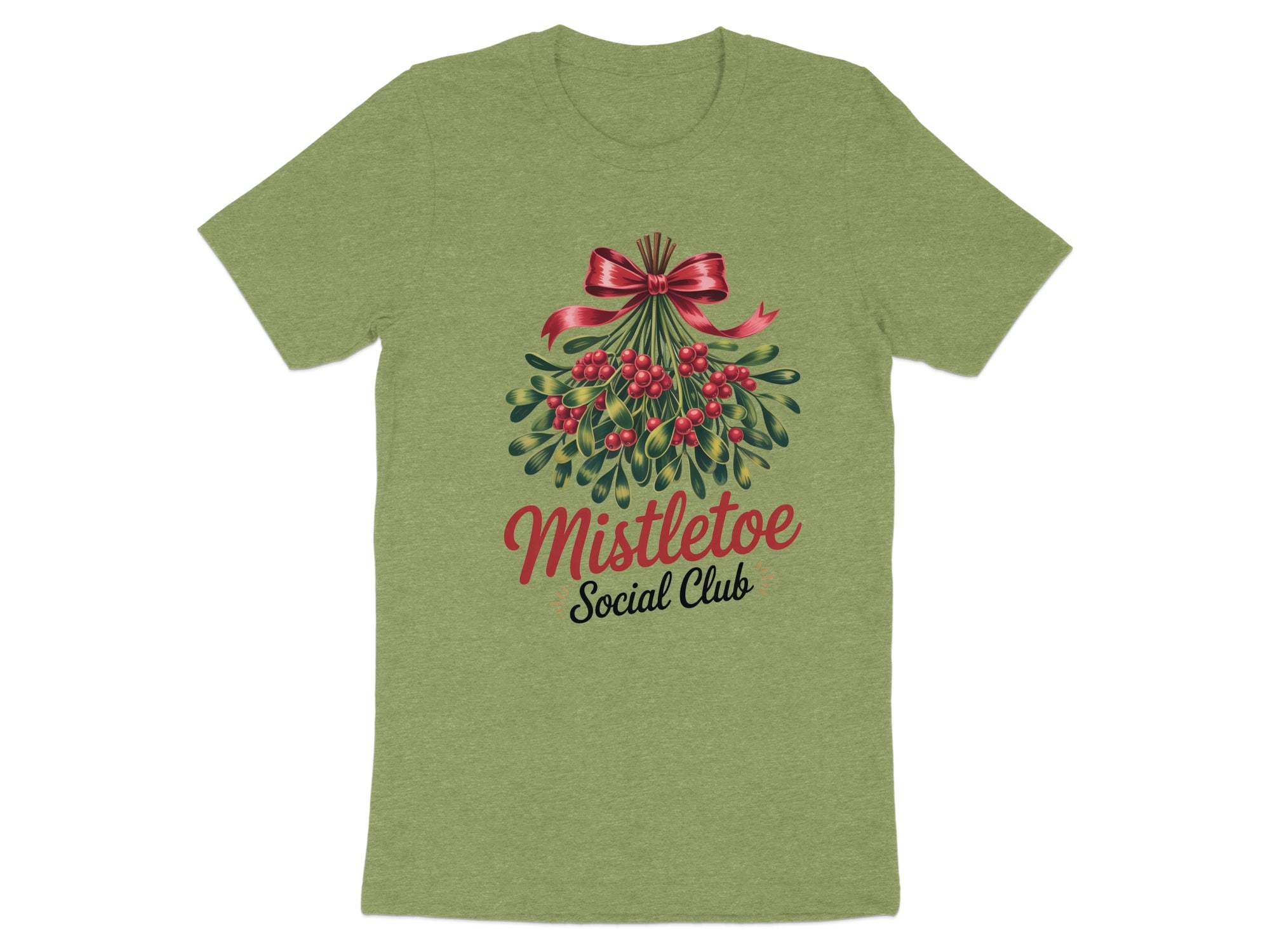 Green t-shirt with mistletoe illustration and "Mistletoe Social Club" text.