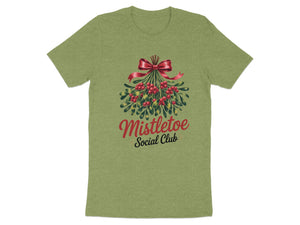 Green t-shirt with mistletoe illustration and "Mistletoe Social Club" text.