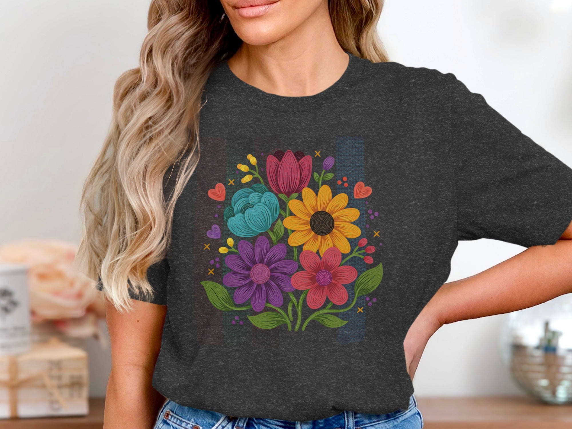 Dark gray t-shirt with colorful floral bouquet graphic on the front.