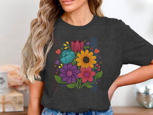 Dark gray t-shirt with colorful floral bouquet graphic on the front.