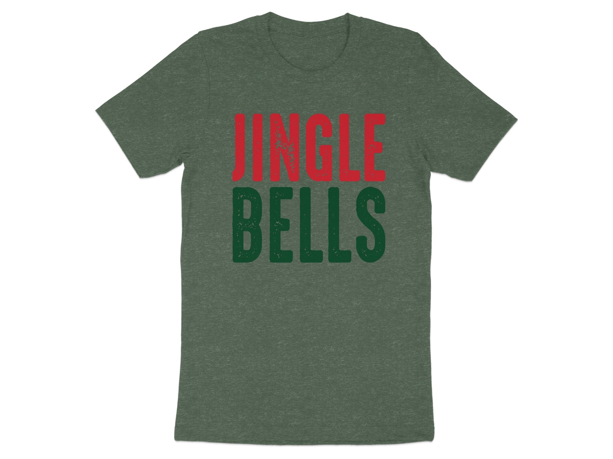 Green t-shirt with red and green text that reads "JINGLE BELLS".