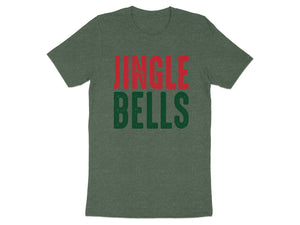 Green t-shirt with red and green text that reads "JINGLE BELLS".