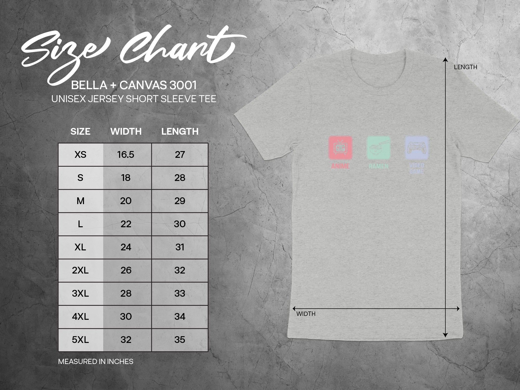 Bella + Canvas 3001 unisex tee size chart with width and length measurements in inches.