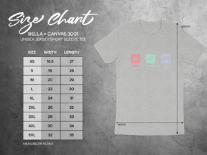 Bella + Canvas 3001 unisex tee size chart with width and length measurements in inches.