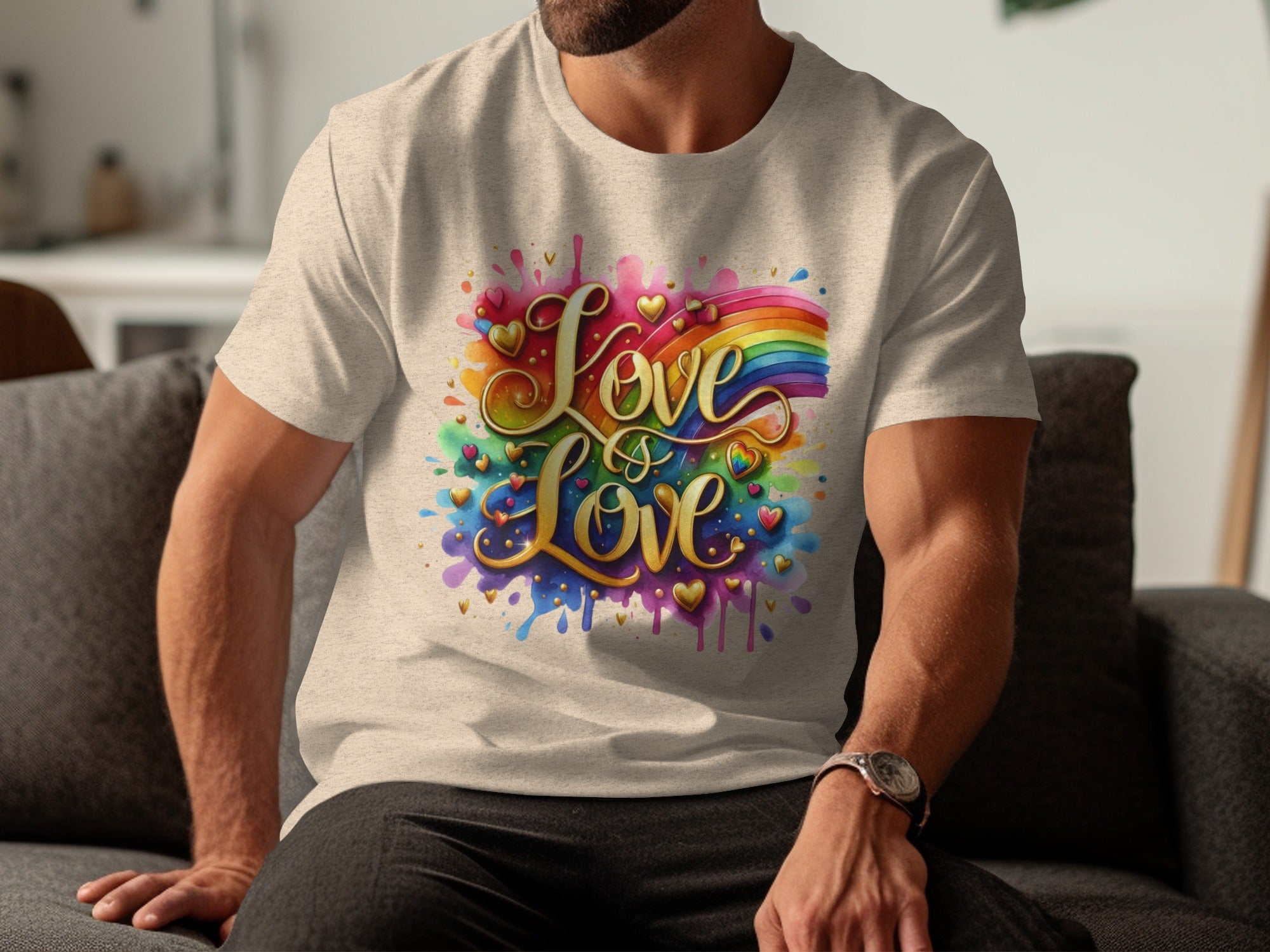 Beige t-shirt with "Love is Love" text and rainbow watercolor design.