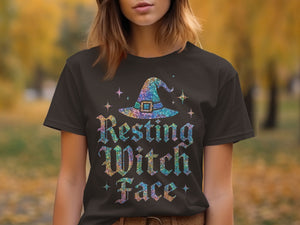 Black t-shirt with glittery witch hat and "Resting Witch Face" text.