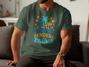 Green t-shirt with "Find Me Under the Palms" text and tropical graphic.